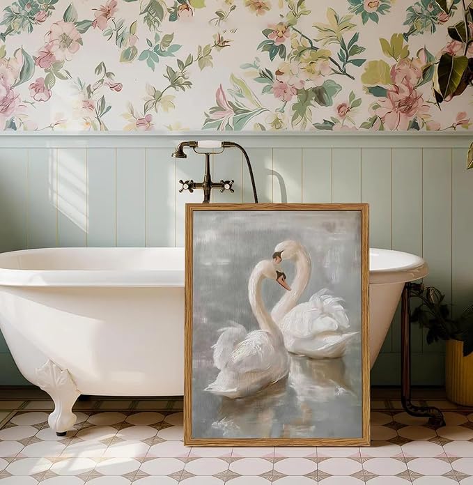 Framed Vintage Swan Canvas Wall Art, Romantic White Swan Paintings Wall Decor, Rustic Animal Pictures Prints Farmhouse Home Decor for Living Room Bedroom 12x16 inch