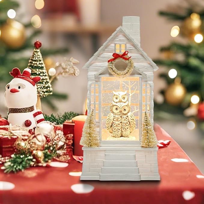 Owl Christmas Snow Globe Lantern with 8 Music Songs & 6H Timer Water Snow Globe Lantern USB & Battery Operated for Christmas Festival Decorations Gifts (Owl)