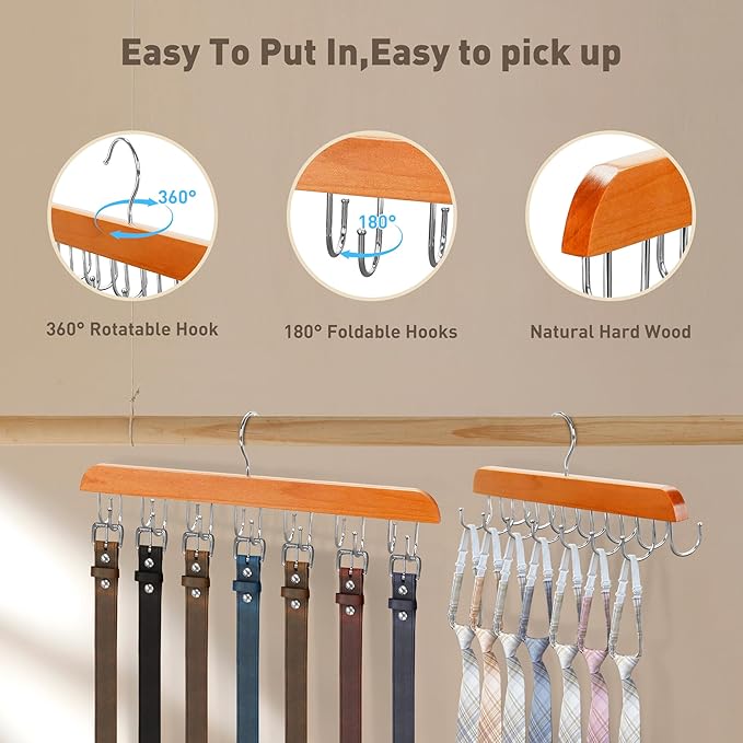 Belt Hanger for Closet, 360° Rotating Tie & Belt Rack for Storage with 14 Hooks,Versatile Hanger Rack with Hooks(2Natural)