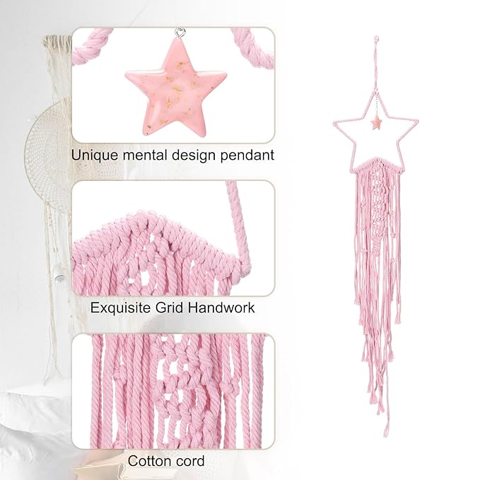 MECCANIXITY Macrame Dream Catchers, Pink Handmade Star Design Woven Cotton Dream Catcher Wall Hanging for Home Bedroom Decoration Ornament Craft Gift