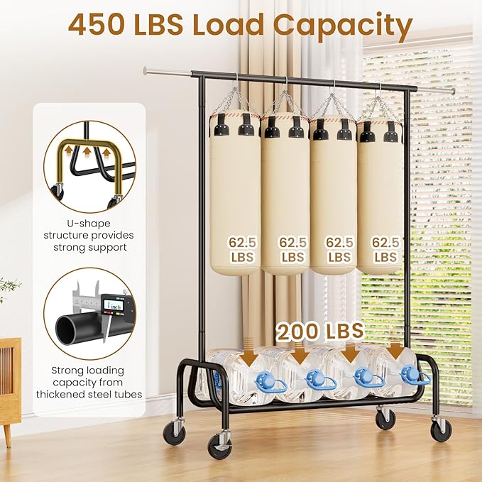 Clothes Rack with Wheels, Rolling Clothing Rack with Shelf, Heavy Duty Clothes Racks for Hanging Clothes, Metal Standing Garment Racks, Black