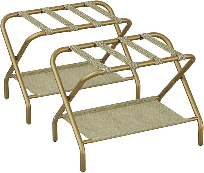 Set of 2 Luggage Rack for Guest Room, Folding Suitcase Stand with Shoe Shelf, Easy Assembly, Portable, Hold up to 110 lb, Gold
