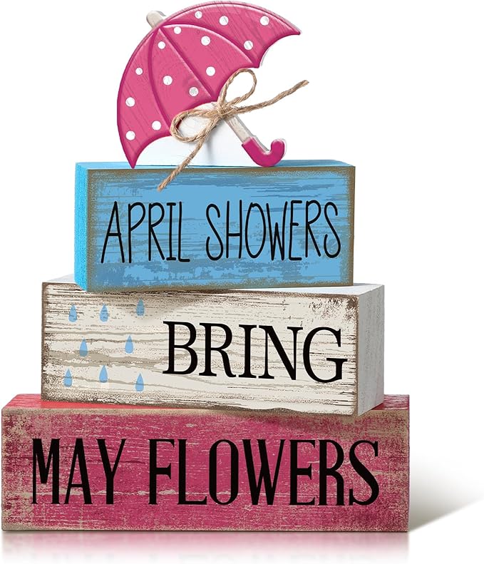 Moucuny 4 Pcs Spring Summer Decorations for Home Wooden Umbrella Tiered Tray Decorations Summer Centerpieces for Tables Farmhouse Decorative Umbrella Faux Stack Block Sign for Home Shelf Decor