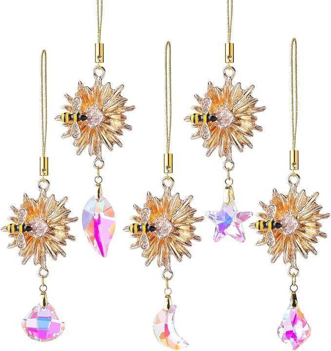 5Pcs Crystal Suncatchers Glass Prisms Christmas Tree Decorations Gold Flower Bee Hanging Crystal Ornament Wedding Party Home Decor