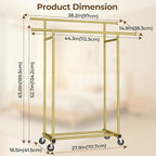 Double Rods Clothes Rack, Sturdy Rolling Clothing Rack, Portable Clothing Racks for Hanging Clothes - Metal Garment Rack Wardrobe Coat Rack for Bedroom Laundry Living Room, Gold