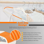 Lightweight White Plastic Hangers 10 Pack with Cascading Hook, Space Saving Thin, Closet Organizer, Orange Anti-Slip Pads, 360° Swivel, Tie Holder