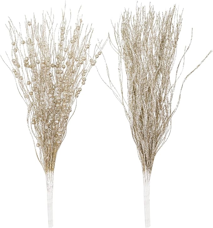 SLK 16-Pack Artificial Glitter Berry Stem Ornaments, Christmas Decorative Glittery Twigs, Picks, Branches for Tree, Wreath, Small Vase, Halloween Party (Champagne Gold)