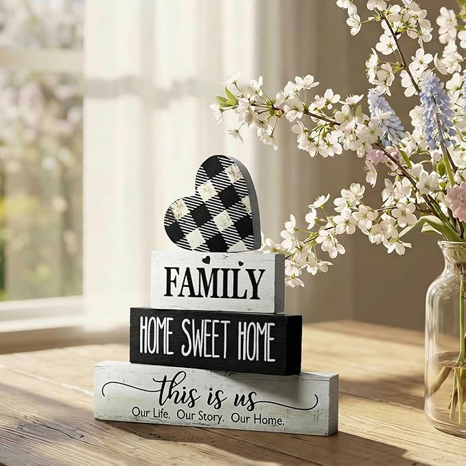 Smile 4 Pcs Family Wooden Tabletop Decor Home Sweet Home Tiered Tray Decoration, Rustic Retro Neutral Wood Heart-Shaped Block Sign, Suitable for Home Shelves Fireplace Mantels