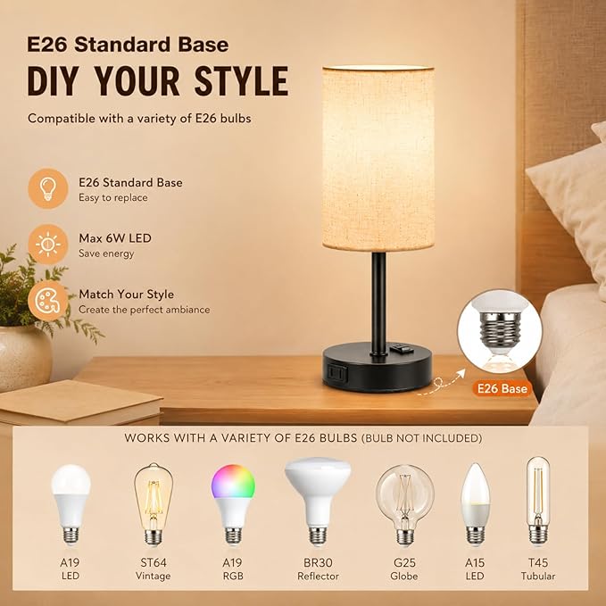ZJOJO Table Lamp for Bedroom Set of 2, Bedside Small Lamps with 3 Way Dimmable Rocker Switch and AC Outlet, Nightstand Desk Lamp with Flaxen Fabric Shade Black Base for Living Room Home Decor Lights