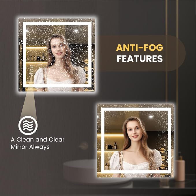 LOAAO 36"x34" LED Bathroom Mirror with Lights, Anti-Fog, Dimmable, Backlit + Front Lit, Lighted Bathroom Vanity Mirror for Wall, Memory Function