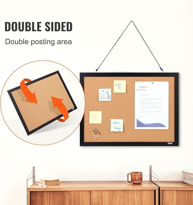 VEVOR Cork Board for Walls, Double-Sided Cork 24" x 18" Bulletin Board Vision Board, Push Pin Board with Framed for Office Home and School