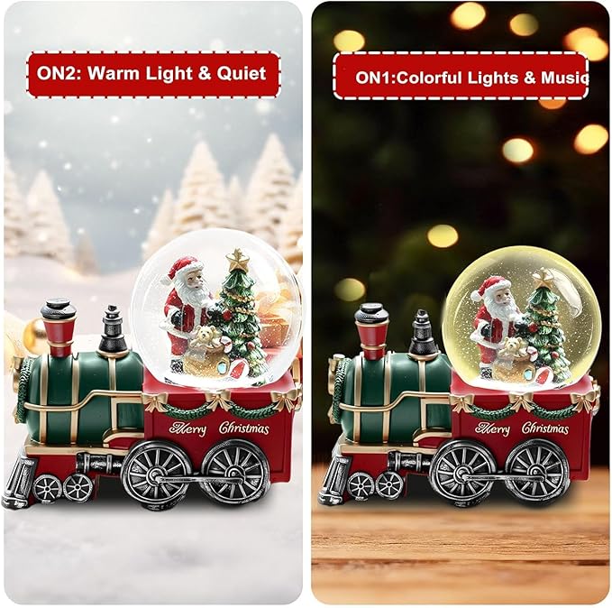 Christmas Snow Globe with Light up and Musical Snowflakes, 5.9 Inch Height Santa Claus Train Resin Snowglobe, Christmas Holiday Indoor Decor.