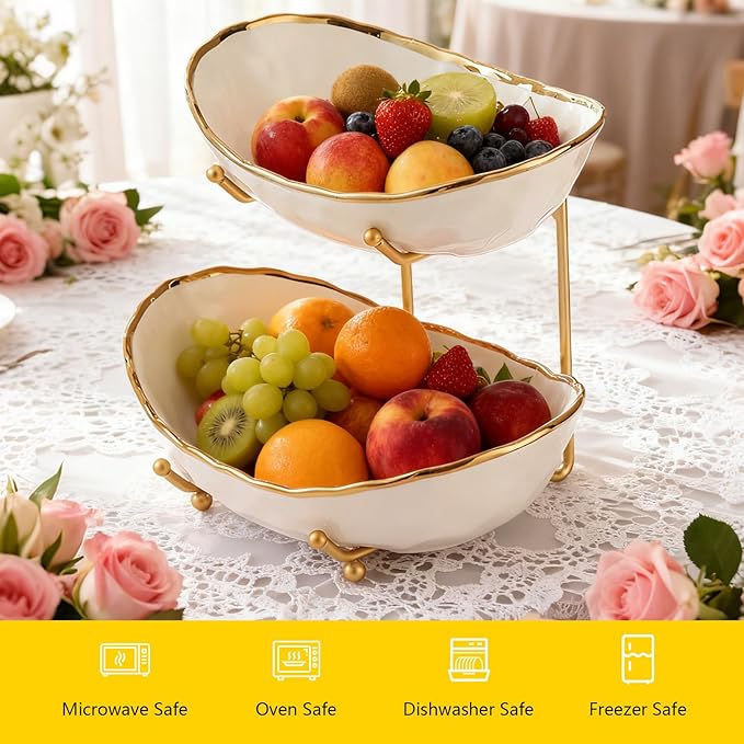 jessie 2 Tier Ceramic Fruit Bowl for Kitchen Counter with Metal Rack, Fruit Basket with Stand, Porcelain Bowls for Vegetable Bread Candy Snack Nuts Dessert Cake Tray (Gold 2 layer)
