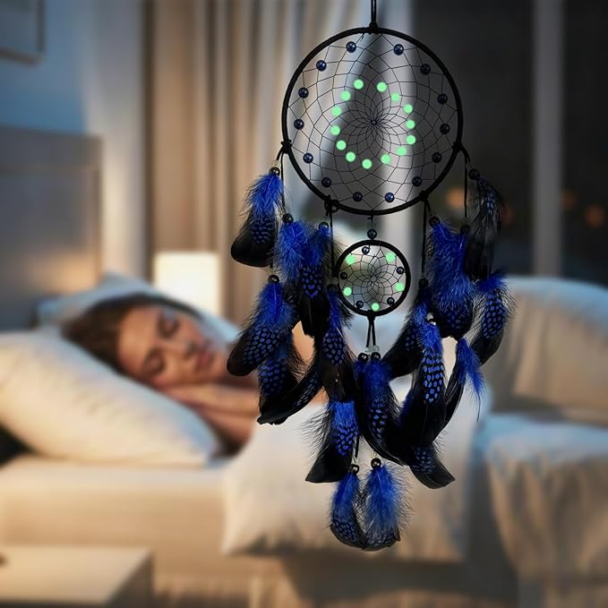 Blue and Black Dream Catcher Wall Decor Feather Dream Catchers with Luminous Bead Handmade Dreamcatcher Wall Hanging Ornament for Bedroom Living Room Home Decor