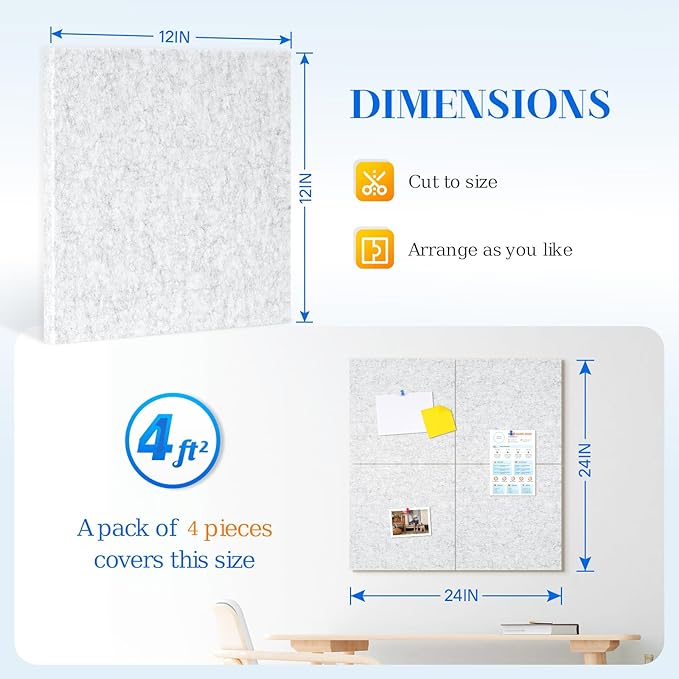 DOLLAR BOSS Felt Cork Board Tiles, 4 Packs 12" x 12" 1/2" Thick Cork Bulletin Board Self Adhesive Acoustic Panels Soundproof Corkboards for Walls with 40 Pushpins for Home Office School, Light Grey