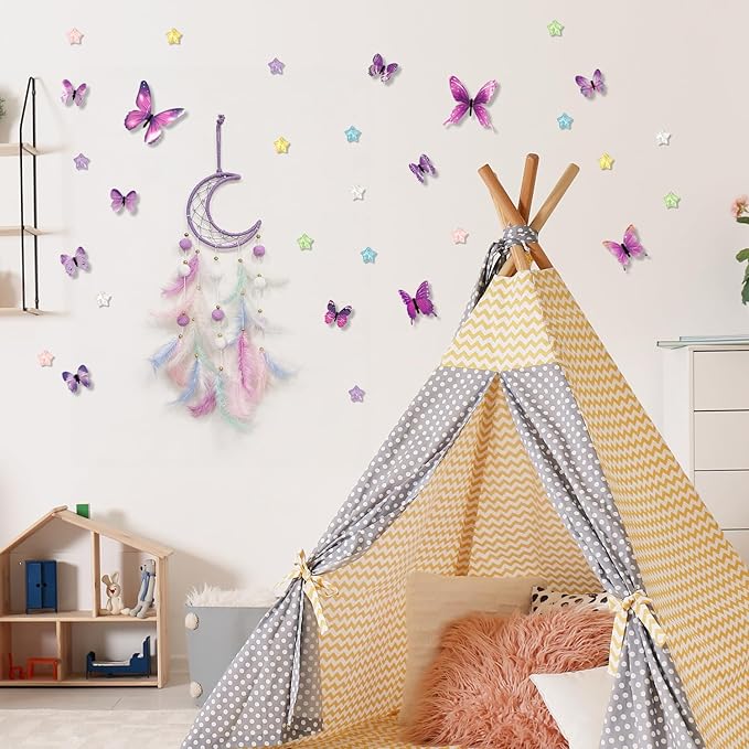 Dream Catcher Wall Hanging, Purple Boho Dreamcatcher Set with 12 Butterflies & 18 Stars - Peel and Stick Wall Decals for Bedroom, Girl's Room Decor, Birthday