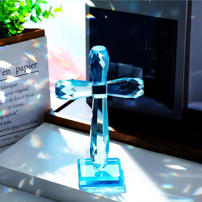 YWHL Handmade Crystal Holy Cross Decor, Religious Gifts for Women Men, Easter Pary Decor, Glass Art Collectible Figurines for Home Table (Lake Blue)