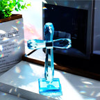 YWHL Handmade Crystal Holy Cross Decor, Religious Gifts for Women Men, Easter Pary Decor, Glass Art Collectible Figurines for Home Table (Lake Blue)