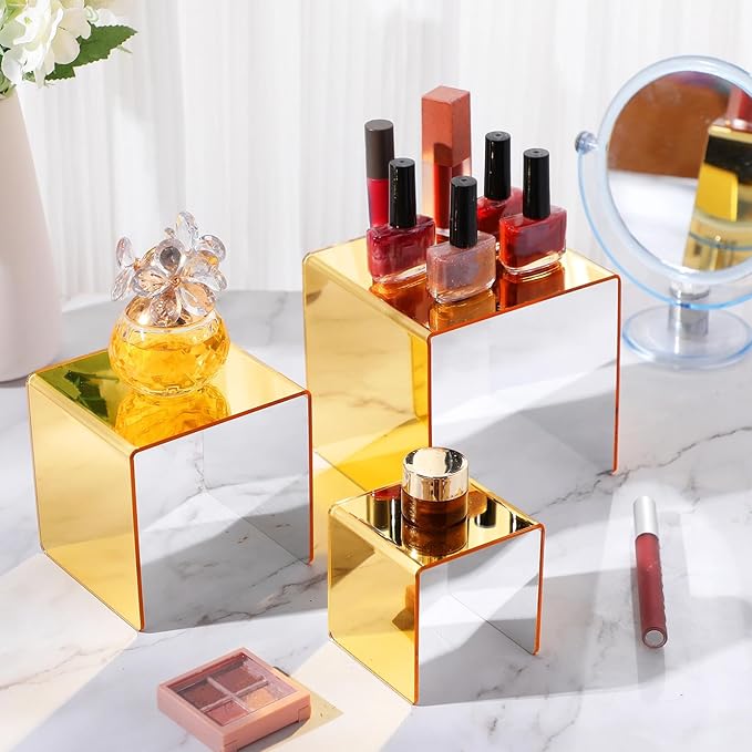 Chuangdi 2 Sets Acrylic Display Risers, Product Stand, Jewelry Display Riser Shelf Showcase Fixtures for Dessert Cupcake Candy Figure Treat Action Showcase (Gold,Medium Set)