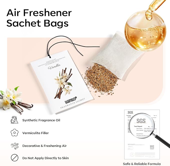 MYARO 12 Packs Vanilla Scented Sachets for Drawer and Closet, Long-Lasting Closet Sachet Bags Drawer Deodorizers Fresh Scents, Home Fragrance for Lover