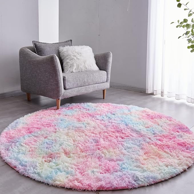 FJZFING Rainbow Round Rug Ultra-Soft Plush Modern 5x5 Circle Area Rug for Kid's Bedroom, Fluffy Shag Circular Rug for Nursery Room, Non-Slip Home Decor Colorful Carpet for Teen's Room