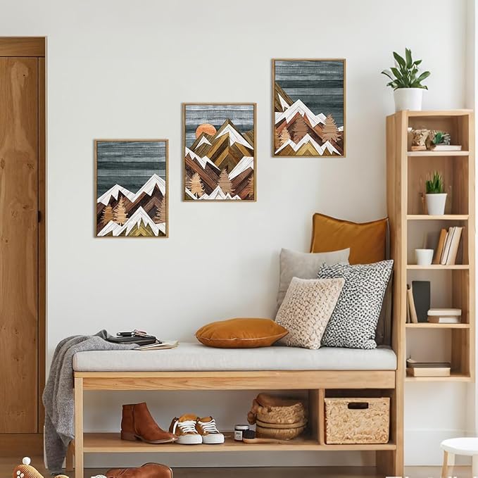 Framed Mountain Wall Art Boho Mountain Wall Decor Modern Nature Artwork 12" Lx16 W Set of 3 Rustic Mountains Wall Pictures Landscape Art Prints Boho Mountain Paintings for Living Room Bedroom Office Farmhouse
