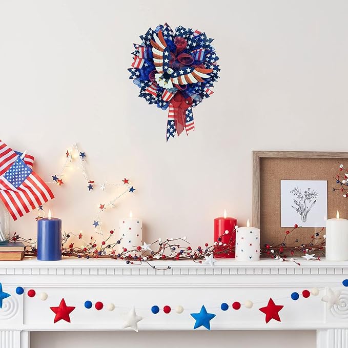 Patriotic Wreath for Front Door Red White Blue Wreath 4th of July Wreaths for Door Wall Memorial Day Decor Independence Day Hanging Decoration for Outside Home Farmhouse Holiday (Eagle)