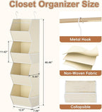 Hanging Closet Organizer 4 Shelf Collapsible Fabric Closet Organizers and Storage Hanging with Mesh Pocket for Clothes, Hanging Wardrobe Organizers and Storage for Sweater T-Shirt Shoes Toys, Beige