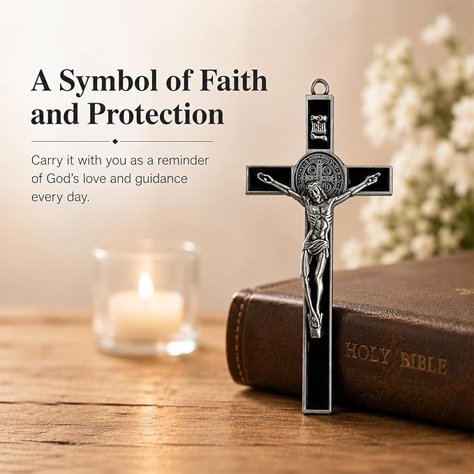 TALPGOD St Benedict Crucifix Silver Black 7.2 Inch,Crucifix Wall Cross for Catholic Decor,Jesus Christ Hanging Cross Wall Art Decor,Escapularios Catolicos,Saint Benedict Medal for Home Decoration