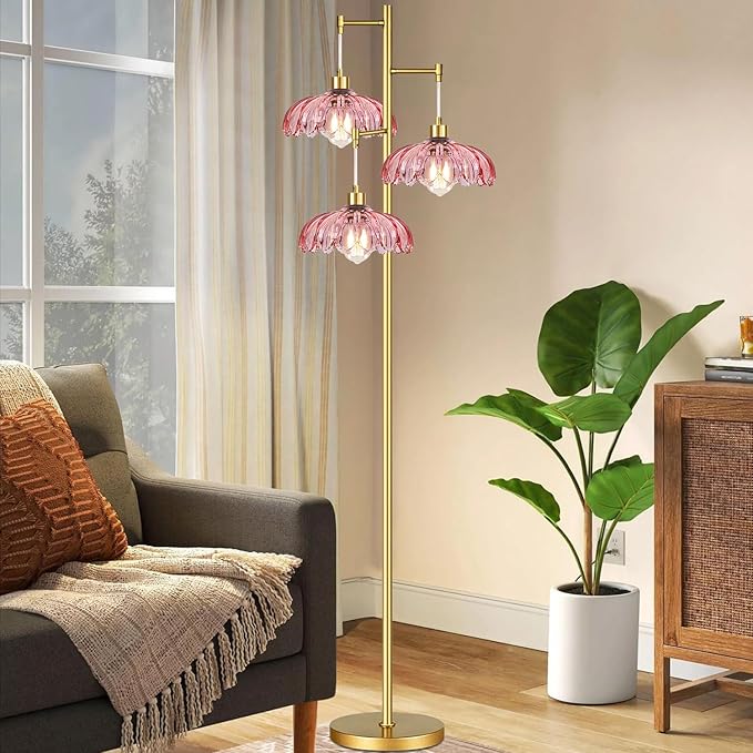 QIYIZM Pink Floor Lamp for Living Room,Bedroom,Gold Mid Century Modern Standing Lamp Brass Tree 3 Light Tall Floor Lamps Vintage Retro Floor Lights Glass Flower Lamp Shade Farmhouse Boho Bohemian