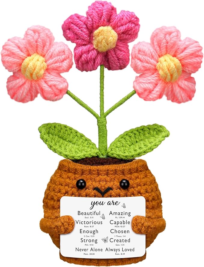 Wavwavw Christian Gift for Women Positive Handmade Crochet Doll with Bible Verse Prayer Card Pink Cream Puffs Inspirational Scripture Religious Crochet for Christmas Sunday Group Church