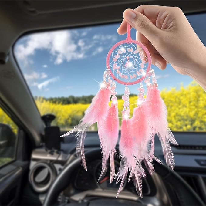 Car Dream Catcher for Rearview Mirror Accessories, Car Mirror Hanging Accessorie, Car Charms Ornament Lucky Ornament Pendant Car Interior Accessorie (Pink)