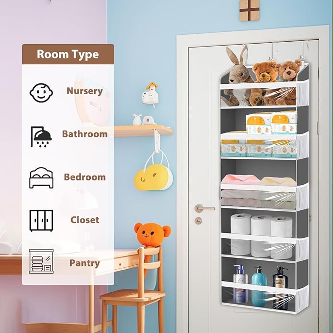 Over the Door Hat Organizer for Baseball Caps, Hold up to 60 Hats Rack Storage for Door/Closet/Wall, Clear Pockets Hanging Hat Holder for Baseball Caps with 10 Mesh Pockets, Grey