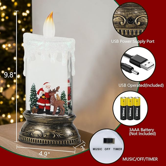 Wondise Rechargeable Musical Snow Globe Lantern with 6H Timer, Battery Operated USB Powered Lighted Snow Globe Lamp Spinning Water Swirling Glitters Holiday Decor Santa Deer