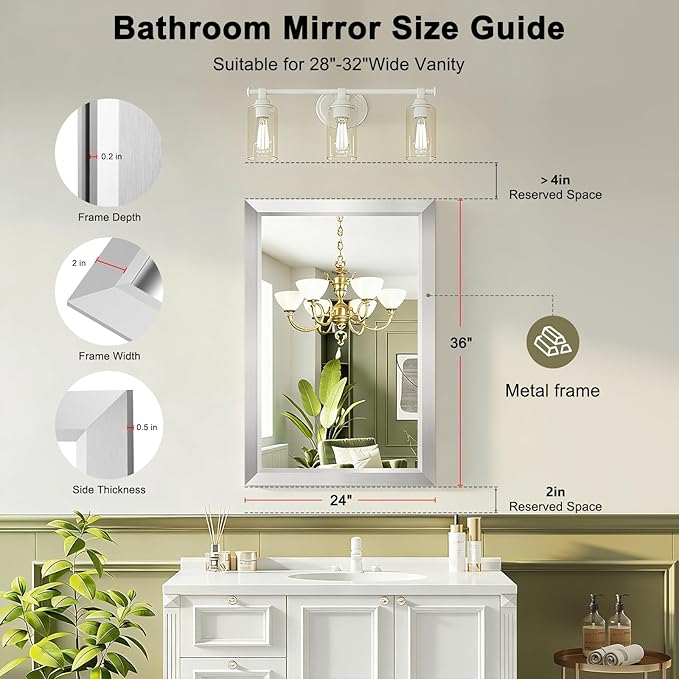 Bathroom Mirror for Over Sink,24x36Inch Silver Thick Anti-Rust Metal Frame, Rectangle Decorative Wall Mirror with HD Tempered Glass, Horizontal or Vertical Mount for Vanity, Bathroom,Living Room