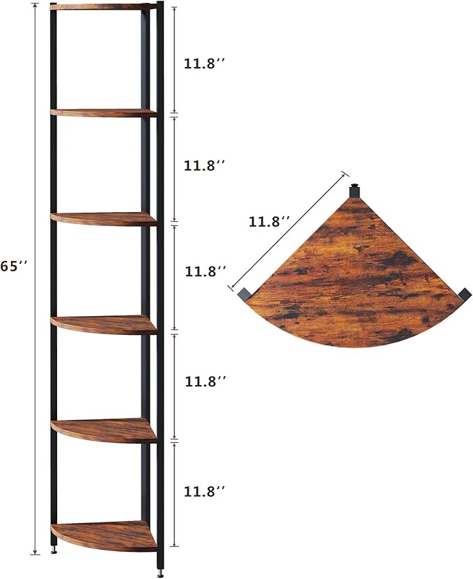 Corner Shelf with LED Lights, 6-Tier Corner Bookshelf, 66'' Organizer Book Shelf Shelves Steel Frame Display Stand with Living Room, Bedroom, Study, Rustic Brown