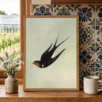 Framed Vintage Bird Wall Art, Sage Green Flying Swallow Pictures Wall Decor, Minimalist Japandi Nature Paintings Canvas Prints Modern Home Decor for Living Room Bedroom Bathroom Office 16x24 Inch