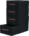 4PCS Closet Drawer Organizer Stackable Fabric Storage Boxes Bins Baskets with Lid PU Leather Handles Foldable Washable Cotton Linen Wardrobe Shelf Cloth Towels Container (Black, Large)
