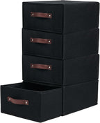 4PCS Closet Drawer Organizer Stackable Fabric Storage Boxes Bins Baskets with Lid PU Leather Handles Foldable Washable Cotton Linen Wardrobe Shelf Cloth Towels Container (Black, Large)