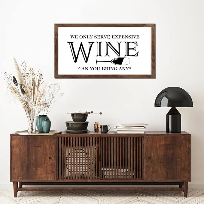Family Lettering 12x22in Hanging Wall Sign with Life Positive Quote We Only Serve Expensive Wine Apricot Frame Wooden Plaque Birthday Housewarming Gift for Cottage Home Farmhouse Porch Wall Decor