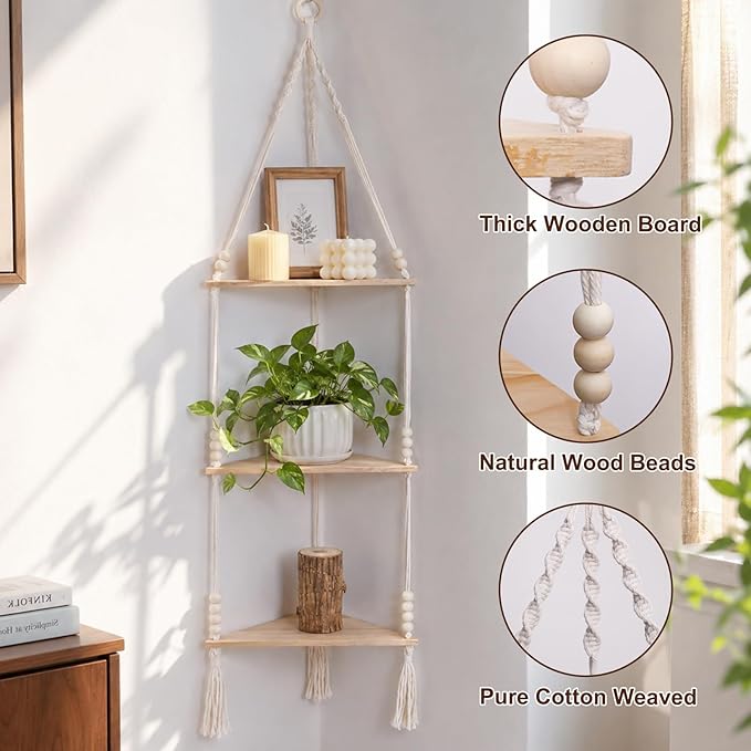 Artilady Macrame Corner Shelf Wall Hanging 3-Tier, Adjustable Boho Wood Plant Shelves Display for Indoor Candle Holder, Bedroom Living Room Home Decor (Beige 3-Tier Beads)