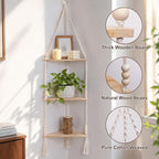 Artilady Macrame Corner Shelf Wall Hanging 3-Tier, Adjustable Boho Wood Plant Shelves Display for Indoor Candle Holder, Bedroom Living Room Home Decor (Beige 3-Tier Beads)