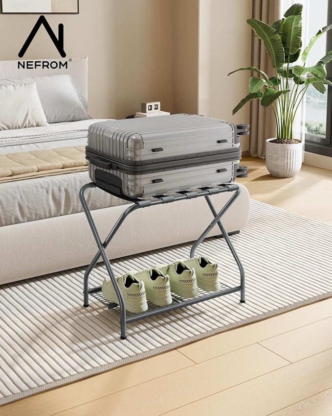 Luggage Rack with Storage Shelf, Foldable Suitcase Stand, Heavy Duty Metal Luggage Holder, 150 lbs Top Capacity, 50 lbs Bottom Shelf, for Guest Room, Bedroom, Hotel LR-GY-1