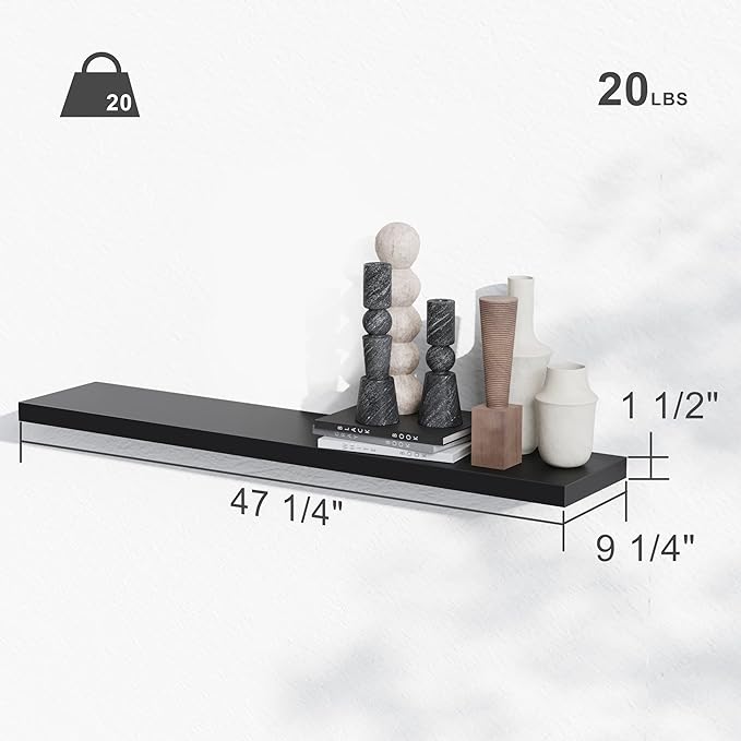 BAMEOS 47in Floating Shelves, Black Wall Mounted Wooden Shelves with Invisible Brackets Set of 2