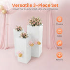 3Pcs Square Display Pedestal Stands Set for Party, Metal Display Stand Plinth Pillars, Cake Stands Pillars for Wedding Birthday Art Decor Risers, 11.8*31.5" (L), 11.02*25.6" (M), 10.24*23.6" (S)