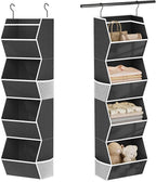 Hanging Closet Organizer 4 Shelf Collapsible Bedroom Closet Organizers and Storage Hanging with Mesh Pocket for Clothes, Closet Hanging Organizers and Storage for Fabric Wardrobe Space Saver, Black