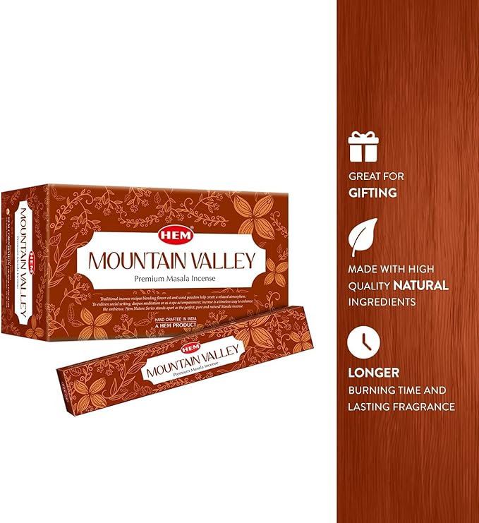 Hem Mountain Valley Masala Incense Sticks | Natural Fragrance of Sandalwood for Positivity | Smudge Healing Incense for Stress Relief & Cleansing | Gift Set - Pack of 12 (15 GMS Each)