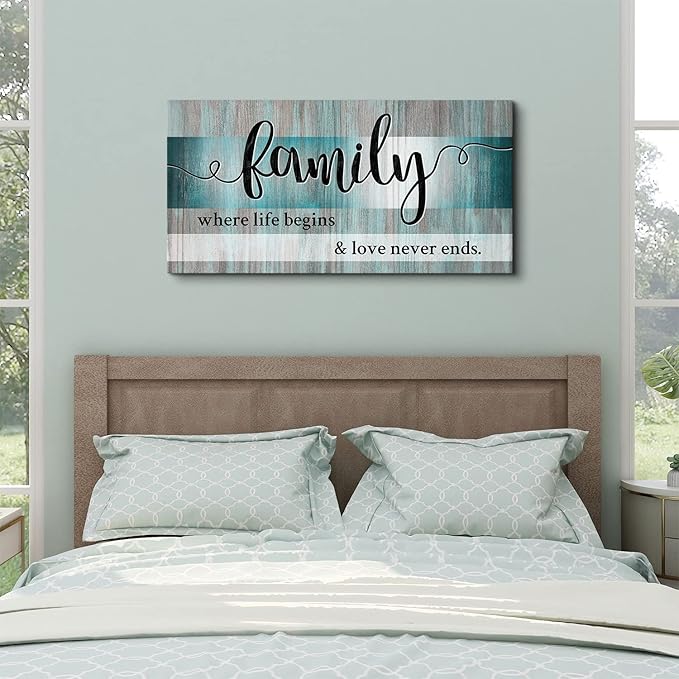 Teal Wall Art Family Sign Wall Decor Inspirational Quotes Canvas Prints Pictures Teal Kitchen Decor Dining Room Artwork 24x48 Large Rustic Farmhouse Family Painting Bedroom Living Room Home Decoration