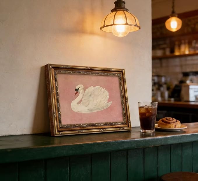 Vintage Gold Framed Wall Art Retro White Swan Cottagecore Canvas Print Neutral Moody Bird Painting Picture Rustic Farmhouse Pink Antique Swan Poster Artwork for Living Room Bedroom