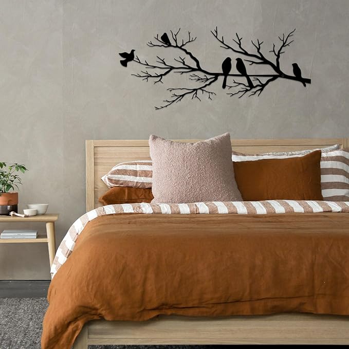 ESTART Metal Birds Wall Art, Metal Vivid Birds on Branch Silhouette Wall Decor Black Leaves with Bird Outdoor Hanging Wall Sculpture for Home Balcony Garden (Small)